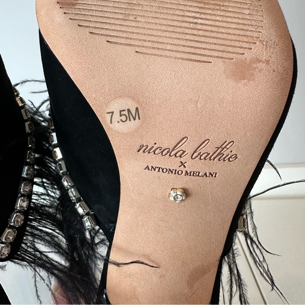 Antonio Melani x Nicola Bathie Black Liz Ostrich Feathers Rhinestone Mules 7.5 - Picture 6 of 6
